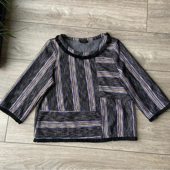 Anthropologie Current  Air Black Tweed Stripe Fringe Top - Picture 4 of 16